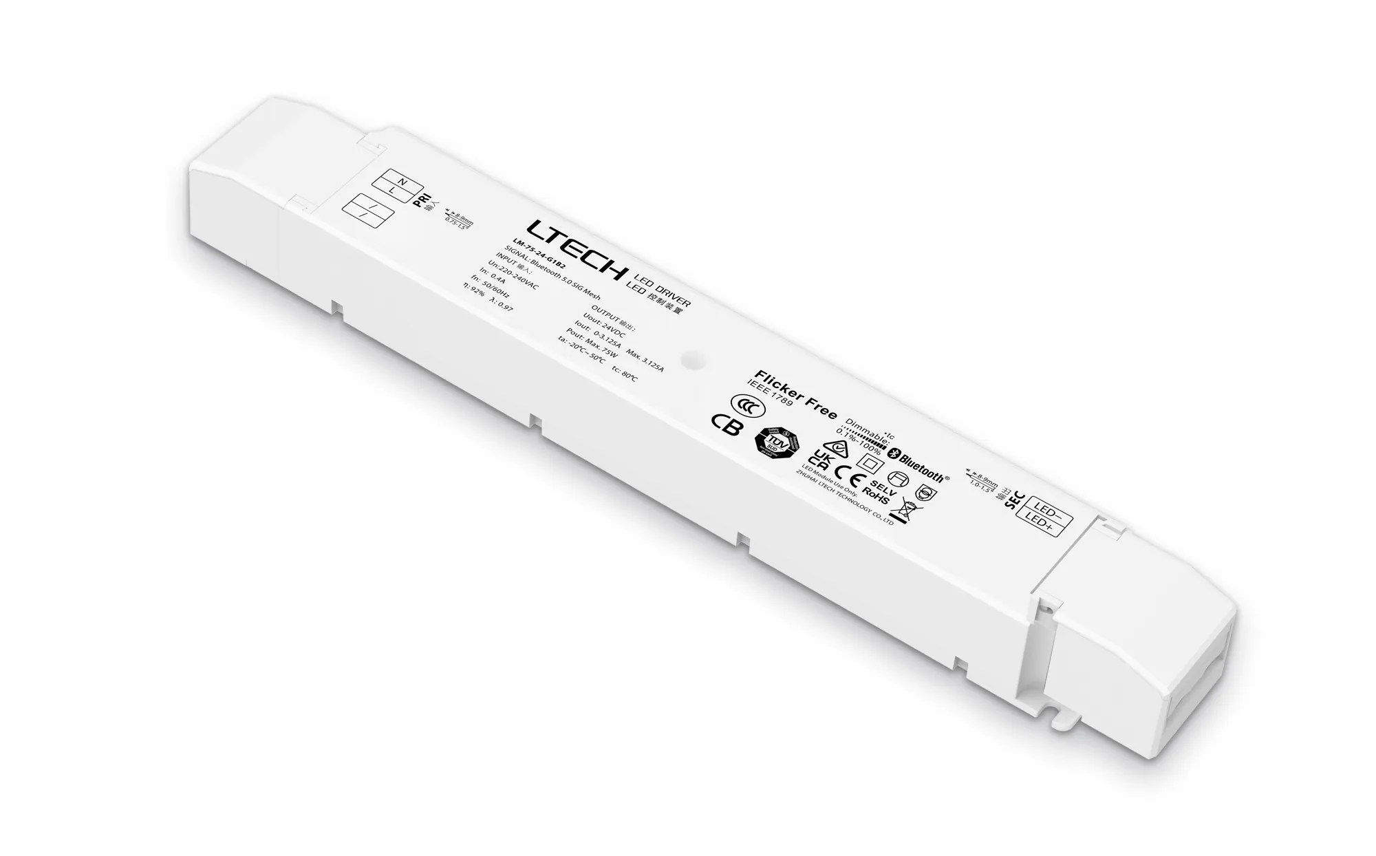 LM-75-24-G1B2  Bluetooth Mesh   0-100% Dim, 75W, 24Vdc 3.125A, 220-240Vac, IP20, 5yrs Wrnty.